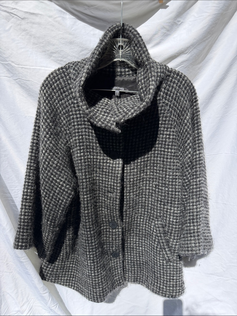 Eileen Fisher Charcoal Houndstooth Wool-Blend Cocoon Cardigan